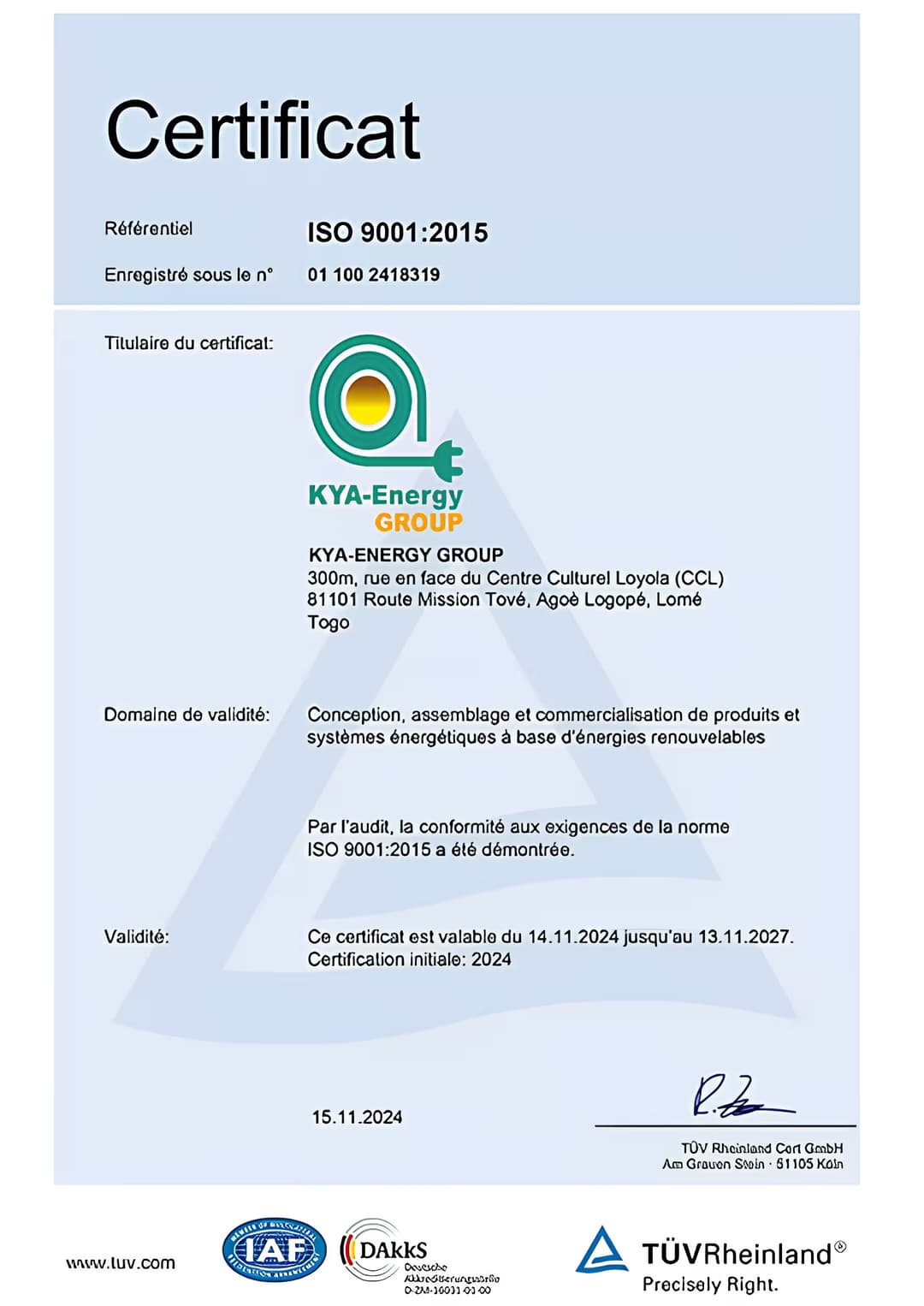 Certification ISO 9001:2015